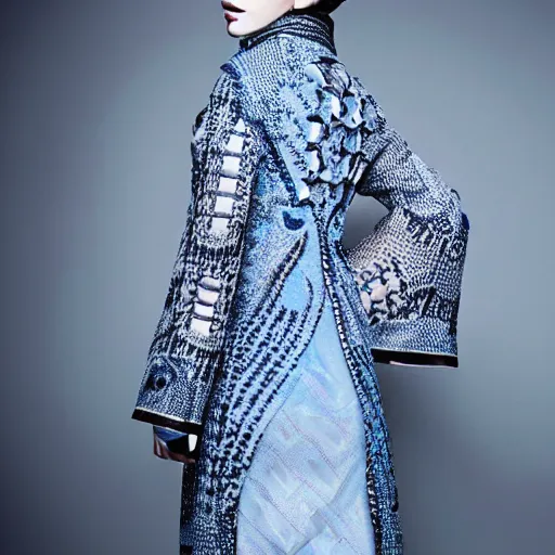 Image similar to fashion 2 0 5 0 fantastic openwork long coat with intricate pattern on a beautiful symmetrical girl with blue hair, hyper realistic photos