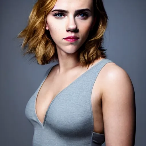 Image similar to a woman who is a genetic combination of scarlett johansson and emma watson face and upper - body focus