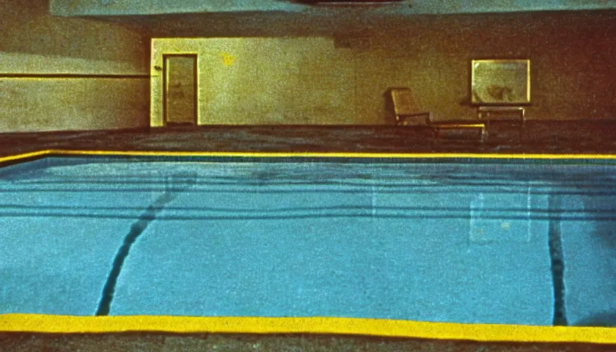 Image similar to 1 9 6 0 s movie still of an empty blue and yellow tiles swimmingpool, low quality, liminal space style