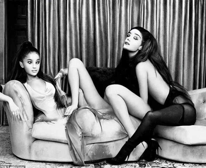 Image similar to award winning photo of Ariana Grande together with Megan Fox sitting on a chesterfield lounge, symmetrical face, wide shot by Sally Mann & Arnold Newman,