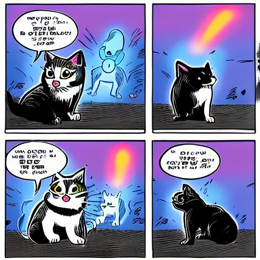 Image similar to cat with glowing eyes fighting dogs, comics style, computer art, high detail