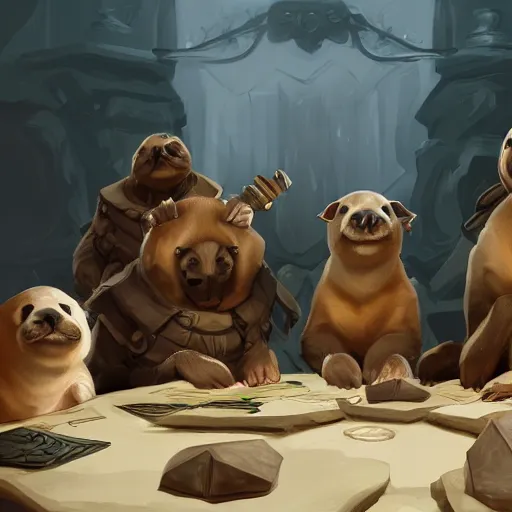 Prompt: a group of seals pups sitting around a table, playing dnd, cinematic lighting, trending on artstation, focused, detailed