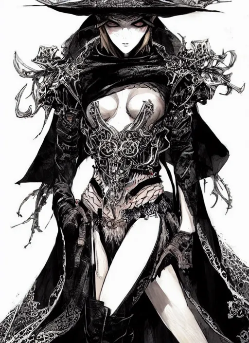 Image similar to beautiful human witch with blonde short curtly hair in intricate ornate witch robe, haughty evil look, witch hat. in style of yoji shinkawa and hyung - tae kim, trending on artstation, dark fantasy, great composition, concept art, highly detailed, dynamic pose.