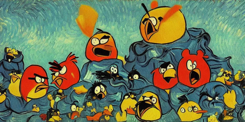 Prompt: An oil painting of the angry birds, by Van Gogh