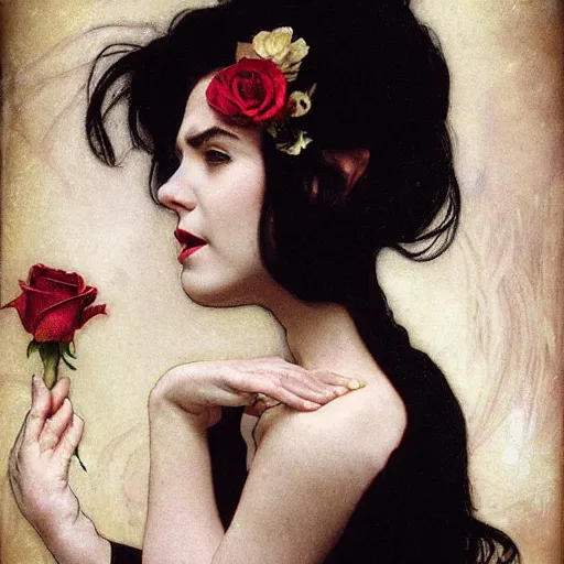 Prompt: side shot of a vampire princess, stern expression, head only, headshot, neck up, royalty, black hair, rose crown, pale skin, mouth slightly open, elegant, lifelike eyes, intricate, black background. by Stanley Artgerm Lau , greg rutkowski, thomas kindkade, alphonse mucha, loish, norman rockwell, J. C. Leyendecker. D&D, fantasy. Trending on artstation rule of thirds, detailed illustration, hd 4k