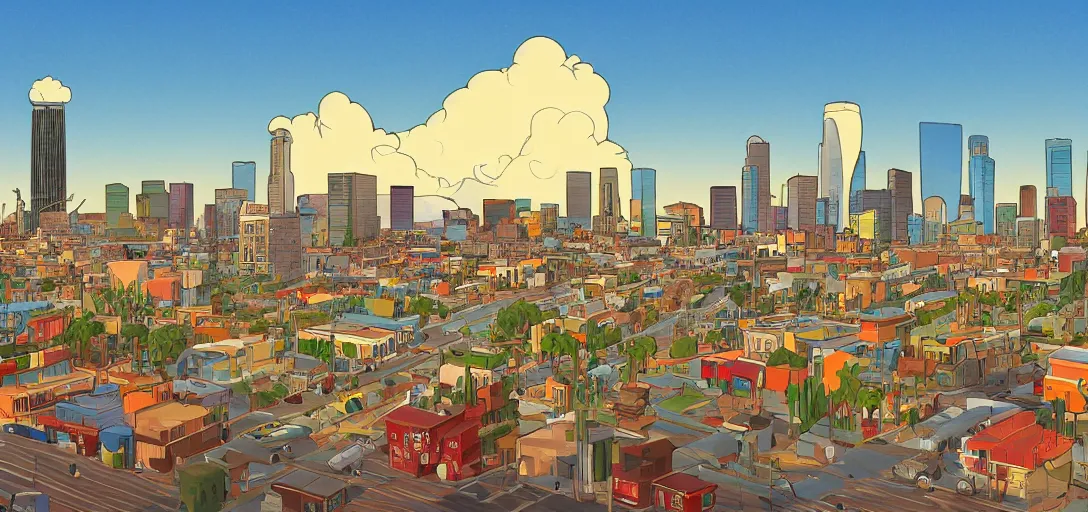 Image similar to visual development los angeles skyline cityscape, by lou romano, pixar disney