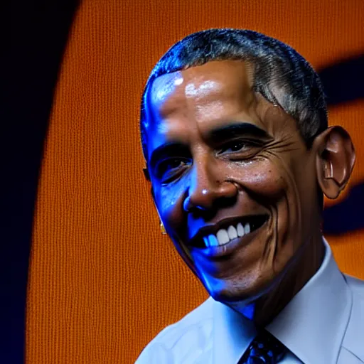 Image similar to Smiling Obama Obamas eyes glow strongly white, a white fire is behind Obama, 40nm lens, shallow depth of field, 4k, 40nm lens, shallow depth of field, split lighting, 4k,