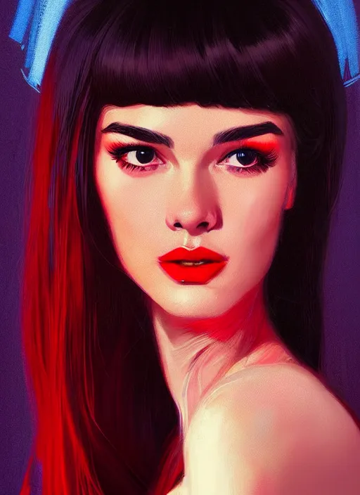 Image similar to portrait of veronica lodge with bangs, 1 9 6 0 s, long hair, red clothes, bangs, intricate, elegant, glowing lights, highly detailed, digital painting, artstation, concept art, smooth, sharp focus, illustration, art by wlop, mars ravelo and greg rutkowski