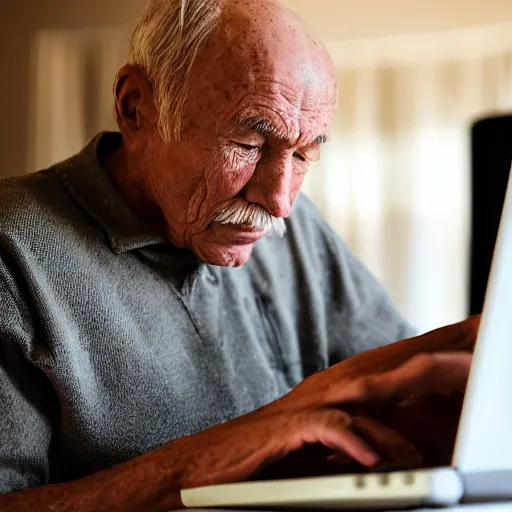 Image similar to elderly man sitting inside a casket browsing internet on laptop from a casket casket