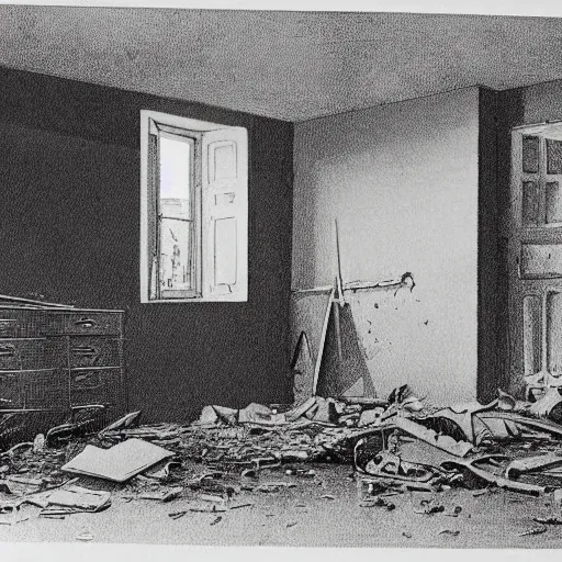 Image similar to The illustration shows a scene of total destruction. A room has been completely wrecked, with furniture overturned, belongings strewn about, and debris everywhere. The only thing left intact is a single photograph on the wall. This photograph is the only evidence of what the room once looked like. It shows a tidy, well-appointed space, with everything in its place. The contrast between the two images is stark, and it is clear that the destruction was complete and absolute. pear by Stuart Davis, by Arthur Boyd realistic