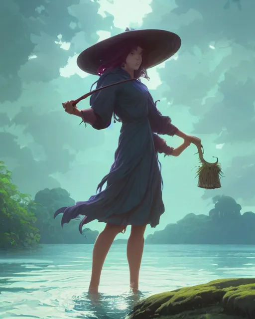 Image similar to highly detailed vfx portrait of a witch casting water magic, unreal engine, greg rutkowski, loish, rhads, beeple, makoto shinkai and lois van baarle, ilya kuvshinov, rossdraws, tom bagshaw, alphonse mucha, global illumination, detailed and intricate environment