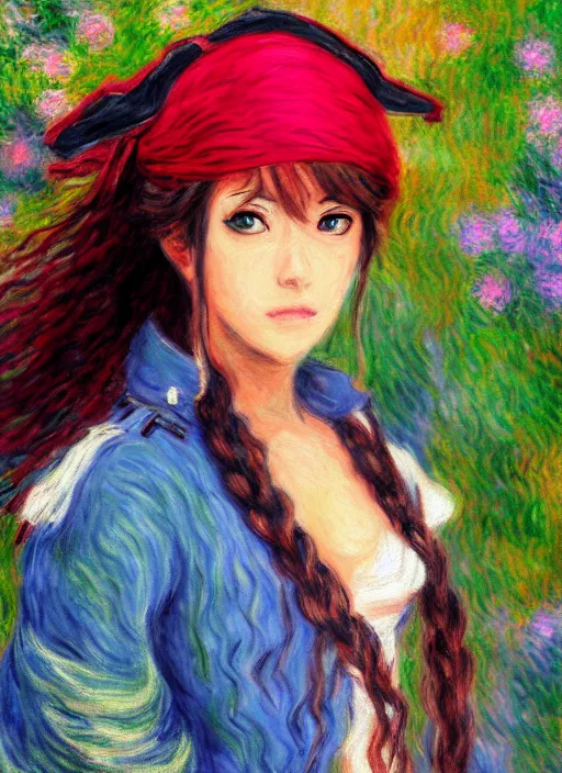 Prompt: a portrait of a female pirate, anime in impressionist style, trending artwork, 4 k, anime painter studio, by claude monet