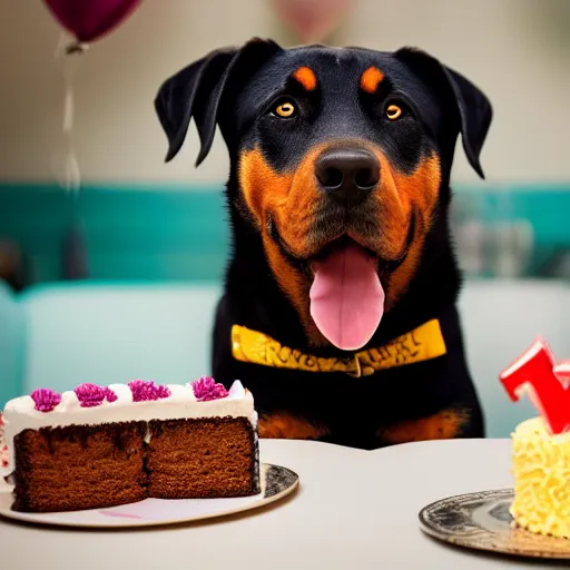 Image similar to a high - quality photo of a rottweiler with a birthday cake, 4 5 mm, f 3. 5, sharpened, iso 2 0 0, raw, food photography