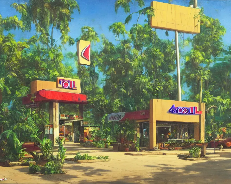 Prompt: an achingly beautiful oil painting of a Taco Bell standing alone in the square of a vibrant ancient jungle city by Raphael and Hopper.
