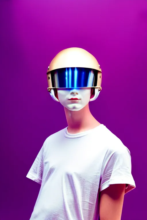 Image similar to a high definition film photograph of a normal androgynous robot human wearing a plain white t - shirt, in a pastel pink room. happy. metal visor covering eyes. metallic shiny gold coloured helmet. crushed shadows.