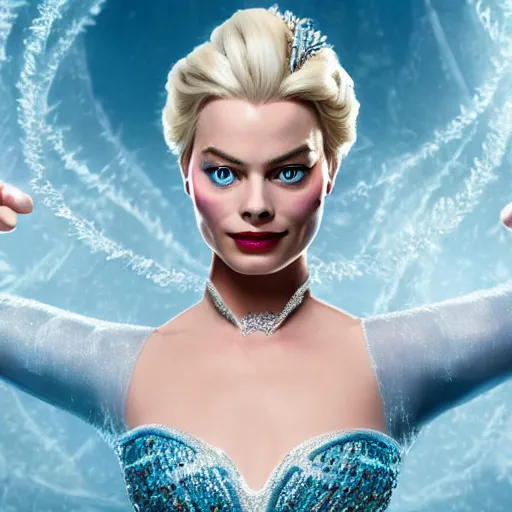 Image similar to Margot Robbie as Elsa in disney frozen live action, 8k full HD photo, cinematic lighting, anatomically correct, oscar award winning, action filled, correct eye placement,