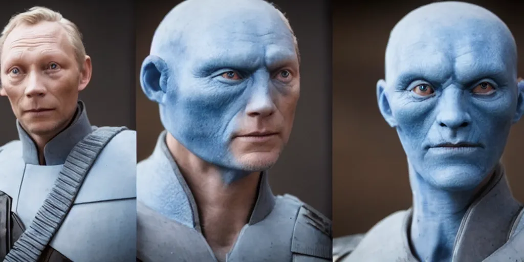 Image similar to danish actor Lars Mikkelsen, plays grand admiral thrawn in the mandalorian season 3, blue skin, red eyes, white clothes, ultra realistic, 4K, movie still, UHD, sharp, detailed, cinematic, render, modern