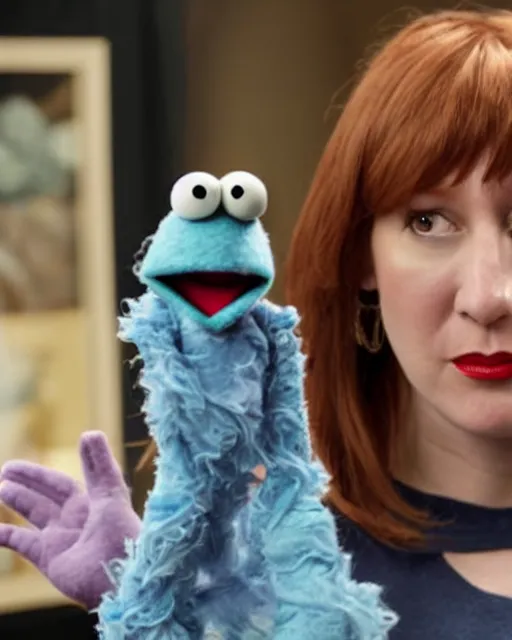 Image similar to erin hannon as a muppet. highly detailed felt. hyper real photo. 4 k.