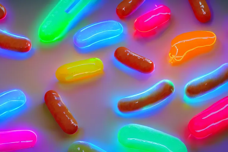 Prompt: beautiful bright transparent and translucent neon hotdogs, pastel popsicles, levitating colorful plastic toys, clouds of vivid horse-hair wigs, plasticized translucent flames, Rembrandt, baroque, chiaroscuro, very detailed Octane 3D render, 8K photorealistic