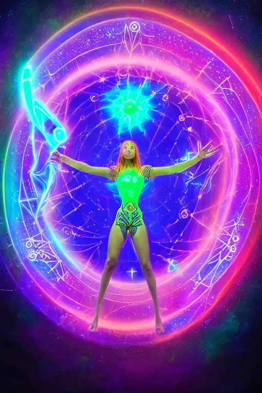 Prompt: full body female neopunk wizard opening a portal to the sidereal multiverse, intricate galaxy inlay, plasma neon glow, consciousness projection, astral projection, wide angle, super highly detailed, professional digital painting, artstation, concept art, smooth, sharp focus, no blur, no dof, extreme illustration, Unreal Engine 5, Photorealism, HD quality, 8k resolution, cinema 4d, 3D, beautiful, cinematic, art by artgerm and greg rutkowski and alphonse mucha and loish and WLOP