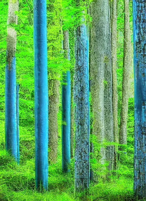 Prompt: blue wispy forest, tall trees, pipes, moss, digital art