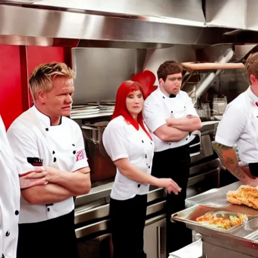 Image similar to gordon ramsay yelling at kfc employees on kitchen nightmares. the employees are lined up and in their kfc uniforms.