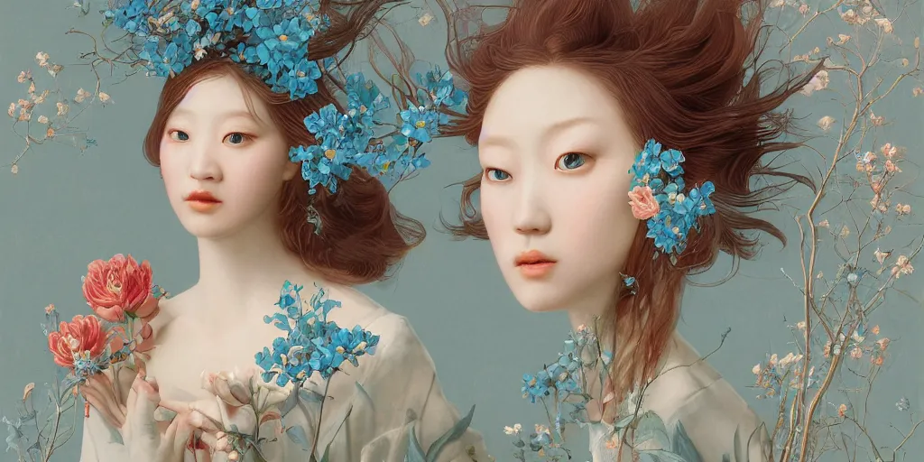 Image similar to breathtaking detailed concept art painting blend of two redhair goddess of light blue flowers by hsiao - ron cheng with anxious piercing eyes, vintage illustration pattern with bizarre compositions blend of flowers and fruits and birds by beto val and john james audubon, exquisite detail, extremely moody lighting, 8 k