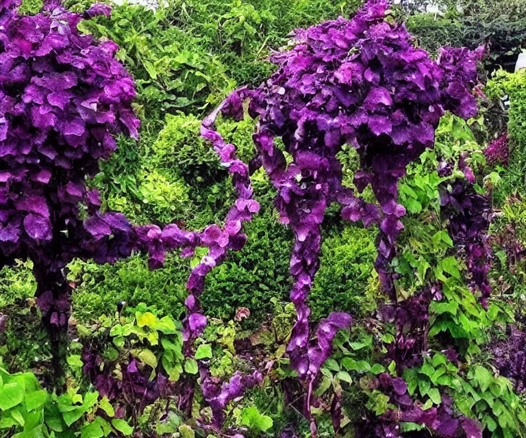 Image similar to fantasy garden, purple vines, black roses, black thorns, eerie, old statues