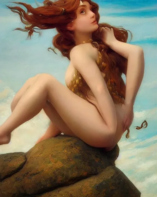 Image similar to a mermaid siting on a rock, climbing her hair with her fingers, oil on canvas, artstation, by j. c. leyendecker and edmund blair leighton and charlie bowater, beautiful face, octane, very aesthetic!!!!!!!!!!!!!!!