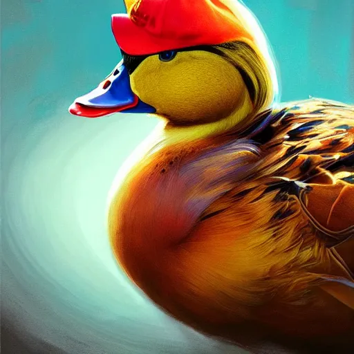 Image similar to epic cinematic hyperrealism masterpiece where a duck with a rapper rooster crest appears with headphones. realistic poster with shaded lighting by craig mallismo, artgerm, jeremy lipkin and michael garmash, unreal engine, radiant light, detailed and complex environment, digital art, art station trends