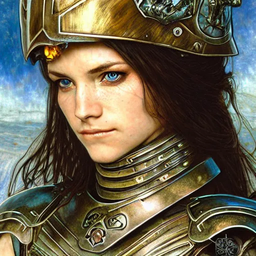 Prompt: head and shoulders portrait of a armored female paladin, d & d, fantasy, luis royo, magali villeneuve, donato giancola, wlop, krenz cushart, hans zatka, klimt, alphonse mucha