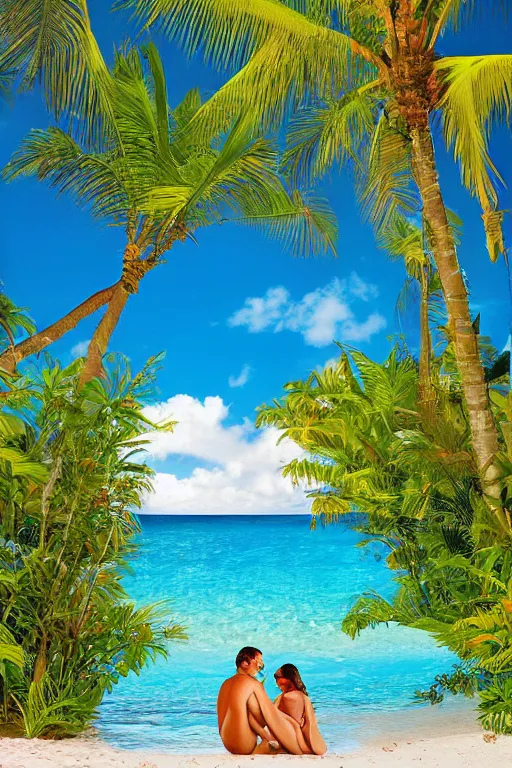 Prompt: beckoning palms lean over crystal clear water laid back hawaiian beach summer style by scott westmoreland