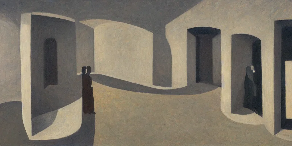 Image similar to first person view of a stark concrete maze, people peering into portholes, grant wood, pj crook, edward hopper, oil on canvas