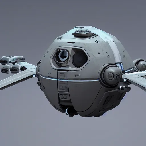 Image similar to futuristic small spherical aerial recon battle drone, hard surface, symmetrical design, highly detailed, 8 k, rendered in octane