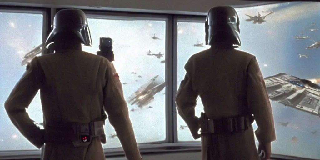 Image similar to a still from a film of a naval officer standing, back turned, in front of a large window with a live action Star Wars space battle, 35mm, directed by George Lucas, miniatures, ILM