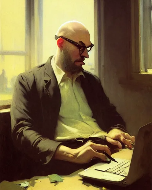 Prompt: a messy bald round - faced shaved hacker with glasses at the computer. fantasy art by greg rutkowski, gustave courbet, rosa bonheur, edward hopper. faithfully depicted facial expression, perfect anatomy, sharp focus, global illumination, radiant light, detailed and intricate environment, trending on artstation