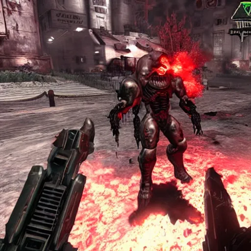 Image similar to real life doom slayer walking on human bloody dead bodies, shooting with heavy bolt rifle towards demons