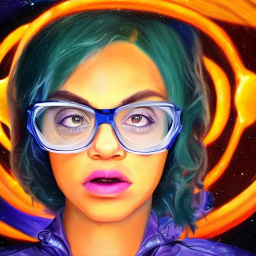 Image similar to hyperdetailed portrait of jade from homestuck floating in space between stars and planets, hyperrealism, detailed, oil painting