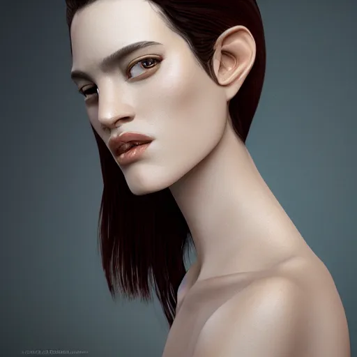 Image similar to Glamorous Runway Model, long fan blown dark reddish hair, tight bone structure, olive skin, intricate, elegant, highly detailed, hanging nose jewelry, octane render, photorealistic, smooth, depth of field blur, illustration, art by James Jean