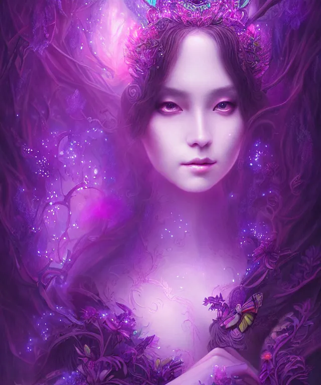 Image similar to ultra detailed, magical realism, portrait painting, of the beautiful empress within the enchanted purple forest, glowing purple, volumetric lighting, illusion, intricate details, by ross tran.