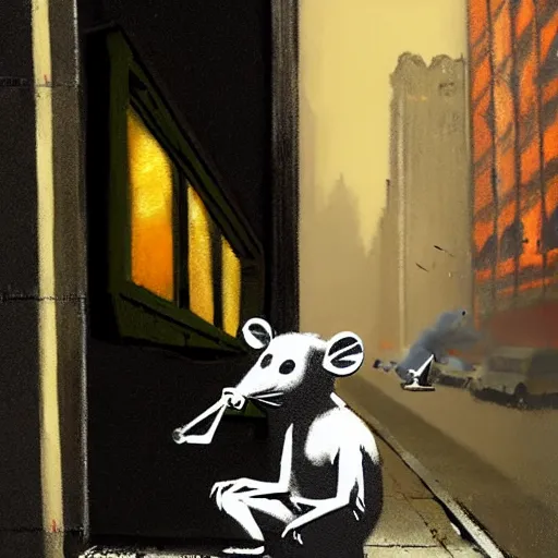 Image similar to a rat smoking a joint in new york with smoke coming through a grate in the ground and warm street lights in the background, painting by banksy, banksy art, high detail, 4 k, smooth,