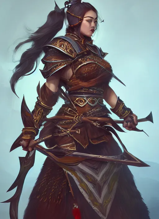 Prompt: a highly detailed illustration of fierce mongol warrior woman with bow, heroic shooting bow pose, perfect face, intricate, elegant, highly detailed, centered, digital painting, artstation, concept art, smooth, sharp focus, league of legends concept art, wlop.