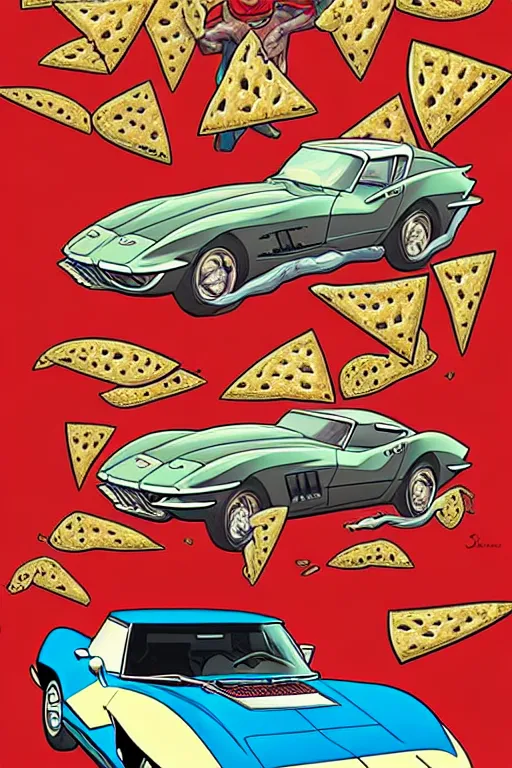 Prompt: comic cover art of a 1 9 6 3 corvette stingray surrounded by melty cheese pizza, by jenny frison and sana takeda, intricate details, stunning inking lines, flat colors, 4 k, hd, artstation