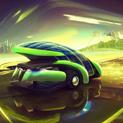 Image similar to solarpunk hovercar, clean energy, green technology, batoidea shape, highway, sunny day, futurism, intricate, engines, glow, highly detailed, peaceful, utopia, bright, digital painting, artstation, concept art, smooth, sharp focus, epic landscape, art by akihiko yoshida and tim mcburnie and anato finnstark