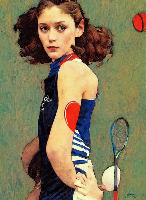 Prompt: a copic maker art nouveau portrait of a russian beautiful skinny girl with sad face wearing a tennis player outfit from lacoste by john berkey norman rockwell