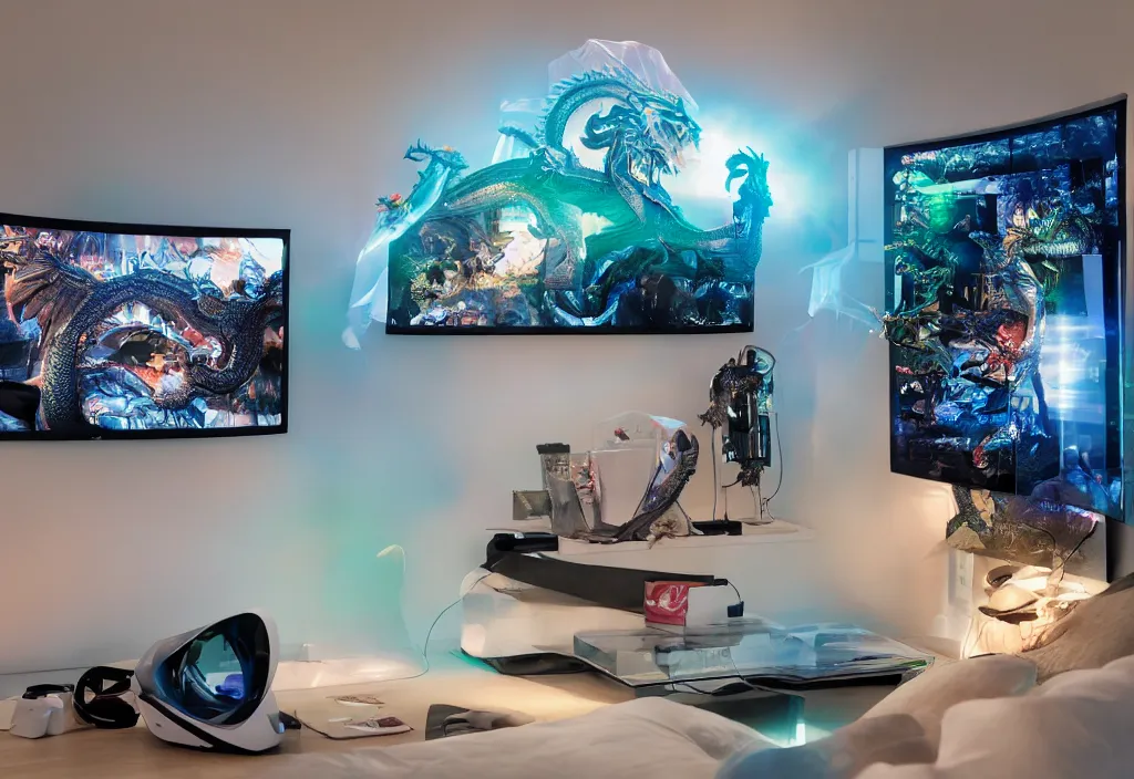 Image similar to curved transparent 3 dtv dragon popping out of tv, volumetric lighting, bedroom, visor, users, pair of keycards on table, bokeh, creterion collection, shot on 7 0 mm, instax