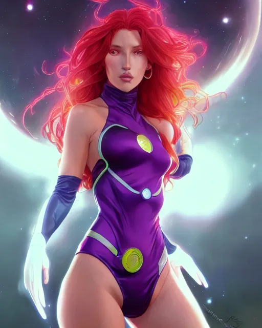 Image similar to ultra realistic illustration, bella thorne as starfire anime, intricate, elegant, highly detailed, digital painting, artstation, concept art, smooth, sharp focus, illustration, art by artgerm and greg rutkowski and alphonse mucha and wlop