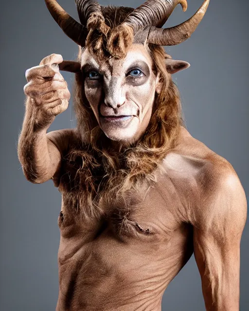 Prompt: actor Roddy McDowell in Elaborate Pan Satyr Goat Man Makeup and prosthetics designed by Rick Baker, Hyperreal, Head Shots Photographed in the Style of Annie Leibovitz, Studio Lighting