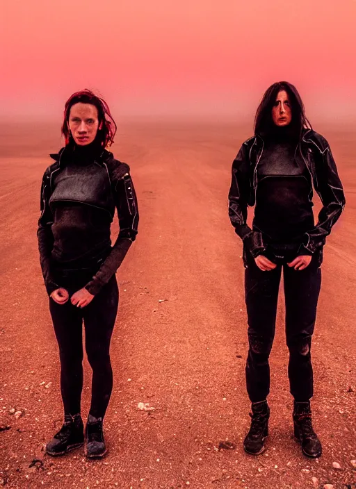 Image similar to cinestill 5 0 d photographic portrait of two loving androids, beautiful women wearing rugged black techwear on a desolate plain with a red sky, extreme closeup, lizard on ground, cyberpunk style, in front of a brutalist dark metal facility, dust storm, 3 5 mm, 8 k, f / 3 2, high resolution, ultra realistic faces