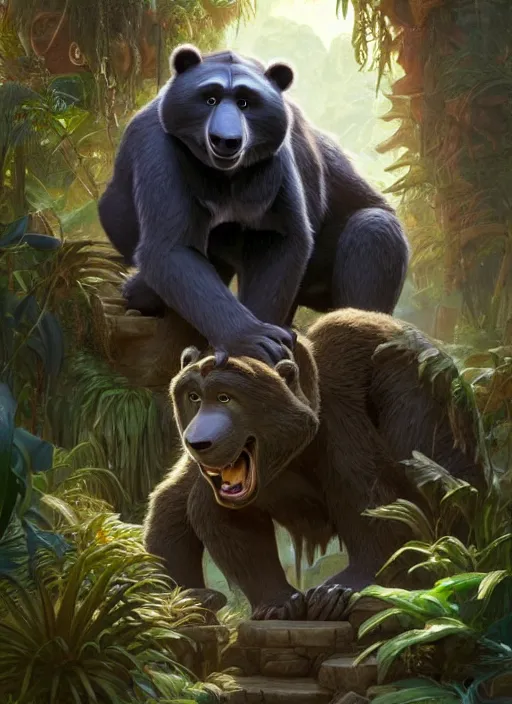 Image similar to baloo from the jungle book ( 1 9 6 7 ), d & d, fantasy, intricate, elegant, highly detailed, digital painting, artstation, concept art, matte, sharp focus, illustration, hearthstone, art by artgerm and greg rutkowski and alphonse mucha